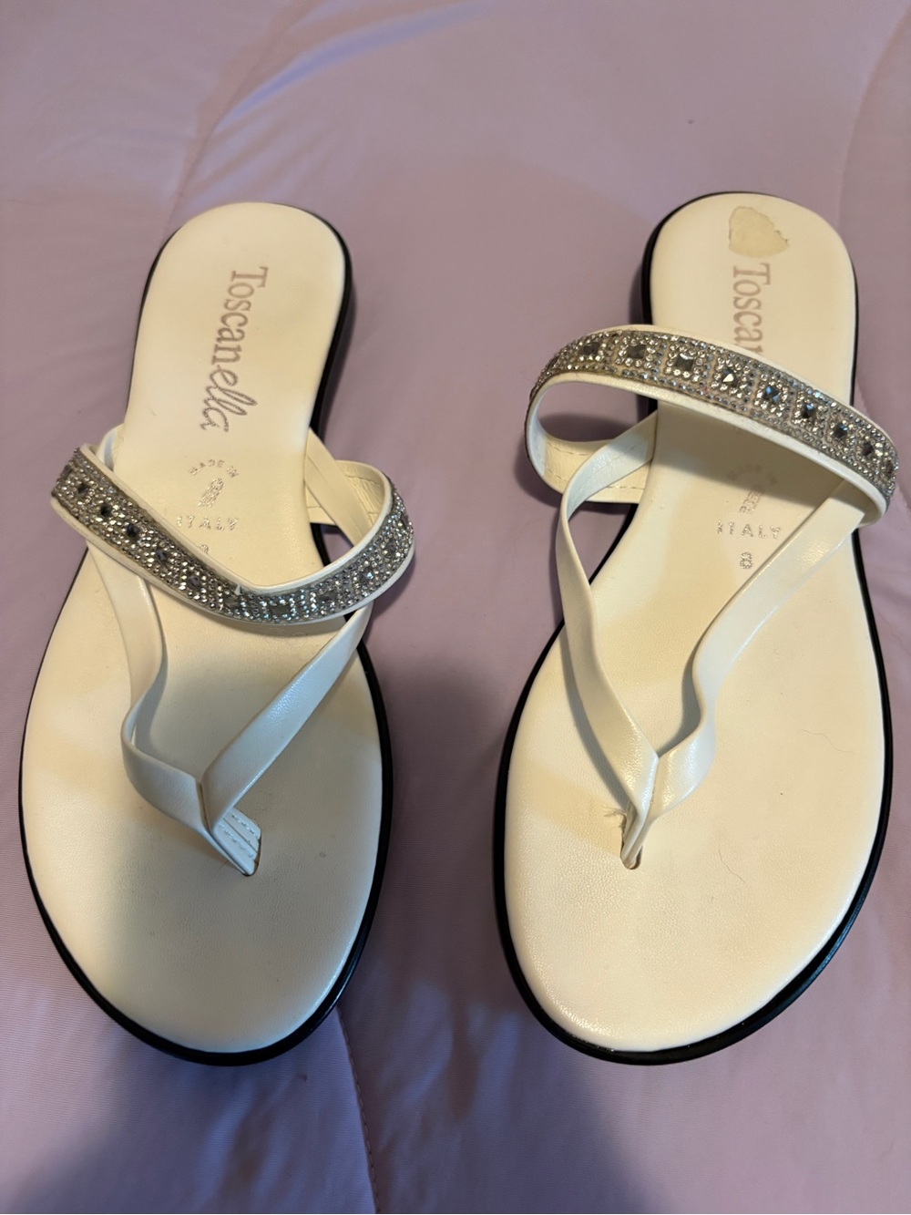 Toscana Ella White Crystal-Trim Thong Sandals